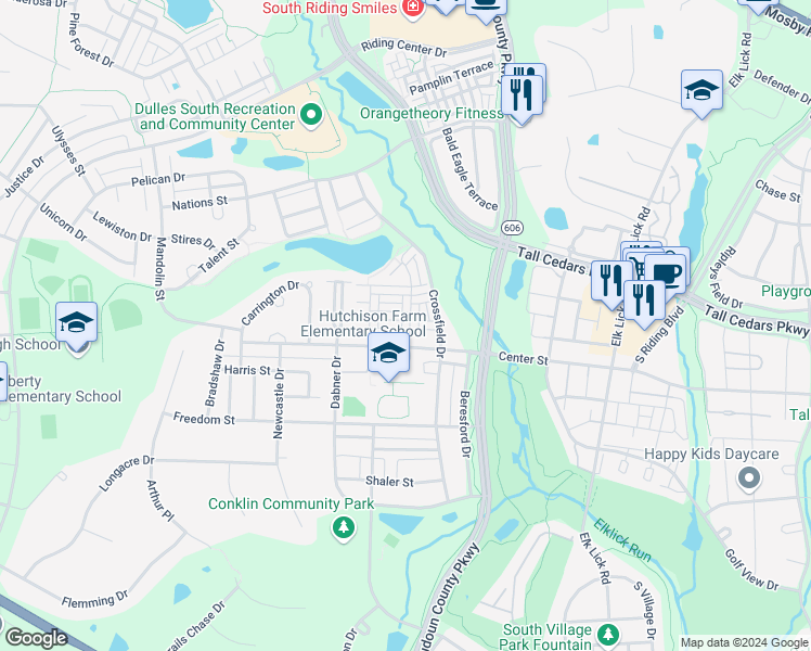map of restaurants, bars, coffee shops, grocery stores, and more near 25393 Shipley Terrace in Chantilly