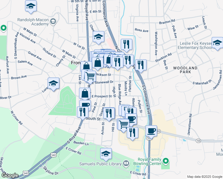 map of restaurants, bars, coffee shops, grocery stores, and more near 222 Cloud Street in Front Royal