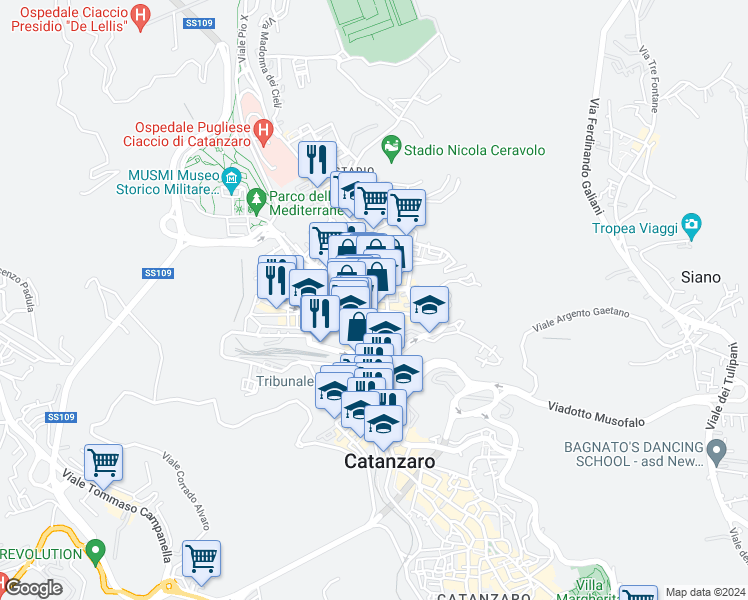 map of restaurants, bars, coffee shops, grocery stores, and more near 45 Via Alcide de Gasperi in Catanzaro