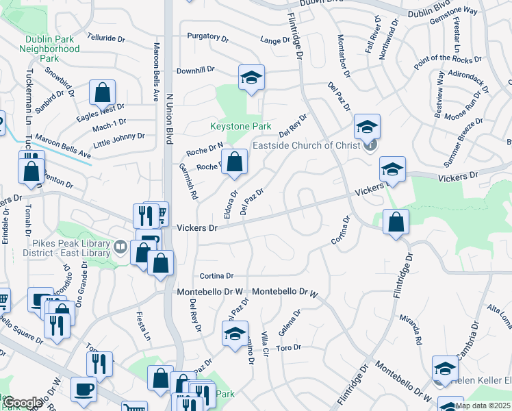 map of restaurants, bars, coffee shops, grocery stores, and more near 5715 Del Paz Drive in Colorado Springs