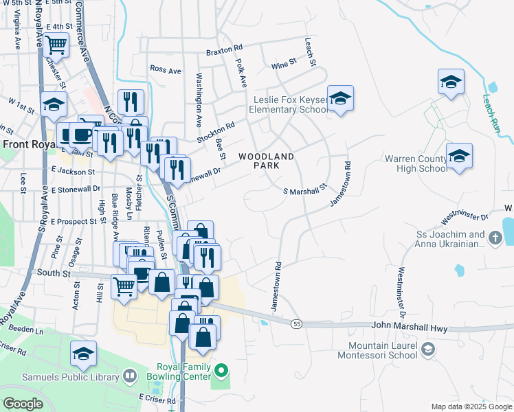 map of restaurants, bars, coffee shops, grocery stores, and more near 155 Pinecrest Street in Front Royal