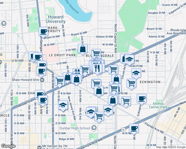 map of restaurants, bars, coffee shops, grocery stores, and more near 124 Rhode Island Avenue Northwest in Washington