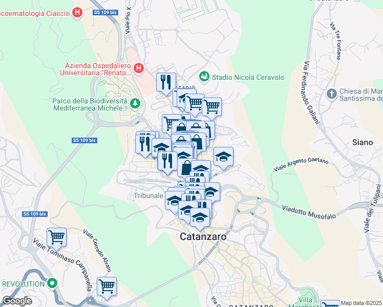 map of restaurants, bars, coffee shops, grocery stores, and more near 45 Via Alcide de Gasperi in Catanzaro