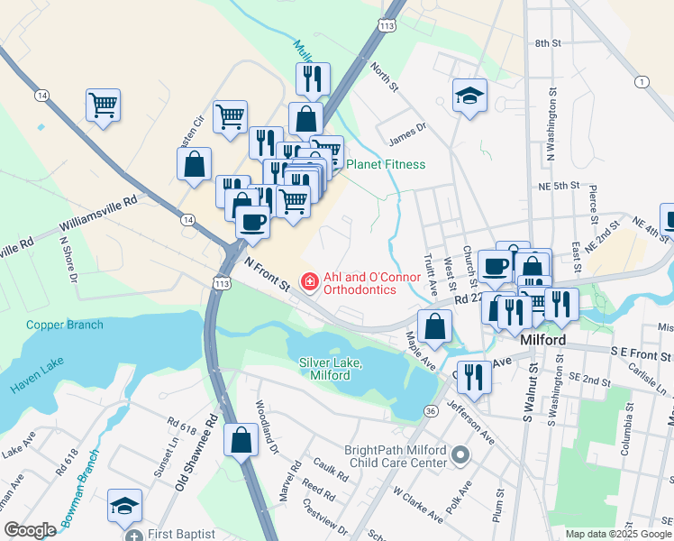 map of restaurants, bars, coffee shops, grocery stores, and more near 107 Valley Drive in Milford
