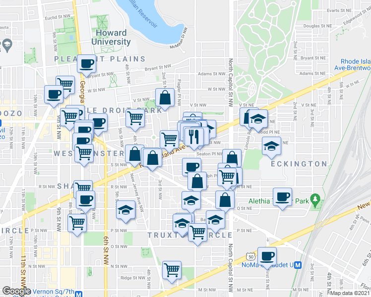 map of restaurants, bars, coffee shops, grocery stores, and more near 124 Rhode Island Avenue Northwest in Washington