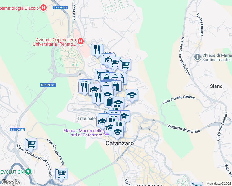 map of restaurants, bars, coffee shops, grocery stores, and more near 45 Via Alcide de Gasperi in Catanzaro