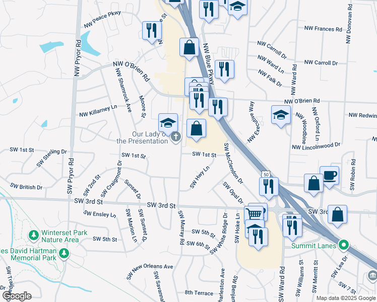 map of restaurants, bars, coffee shops, grocery stores, and more near 1514 Southwest 1st Street in Lee's Summit