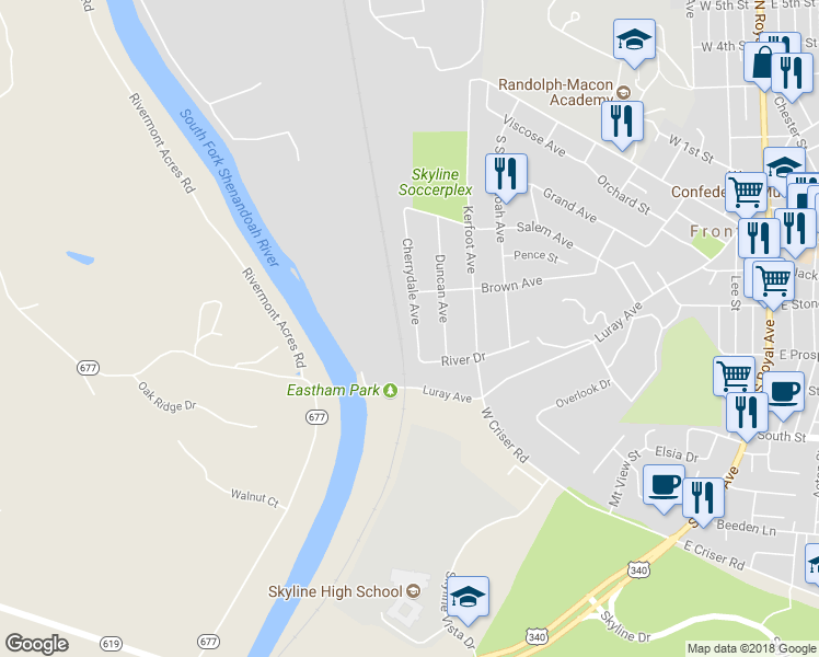 map of restaurants, bars, coffee shops, grocery stores, and more near 444 Cherrydale Avenue in Front Royal