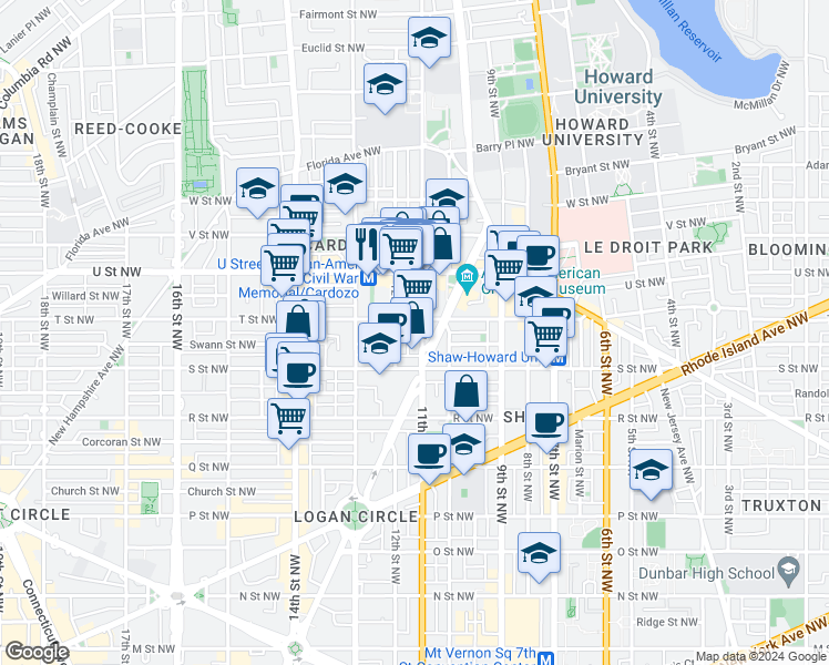 map of restaurants, bars, coffee shops, grocery stores, and more near 1830 11th Street Northwest in Washington