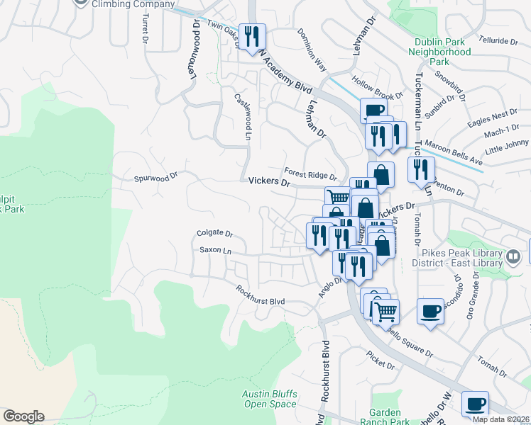 map of restaurants, bars, coffee shops, grocery stores, and more near 5702 Appalachian View in Colorado Springs