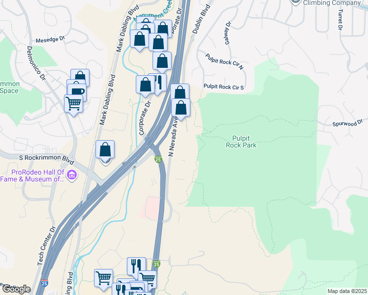 map of restaurants, bars, coffee shops, grocery stores, and more near 5875 North Nevada Avenue in Colorado Springs