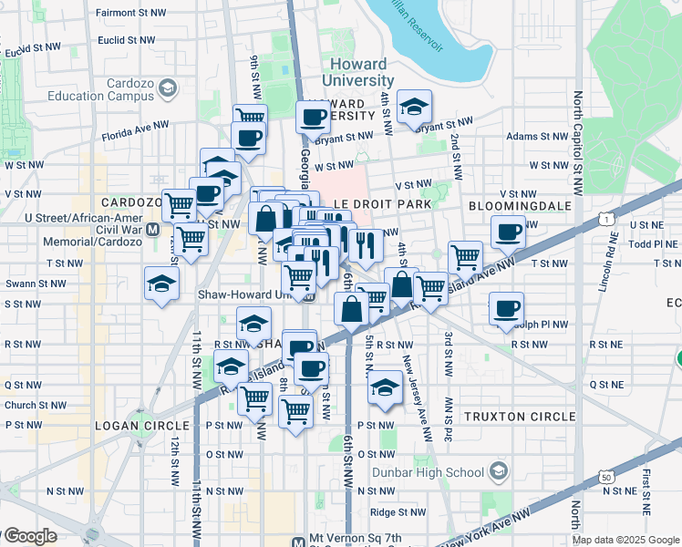 map of restaurants, bars, coffee shops, grocery stores, and more near 1836 6th Street Northwest in Washington