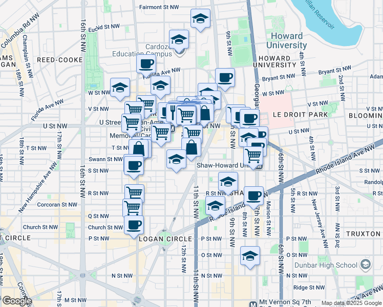 map of restaurants, bars, coffee shops, grocery stores, and more near 1830 11th Street Northwest in Washington