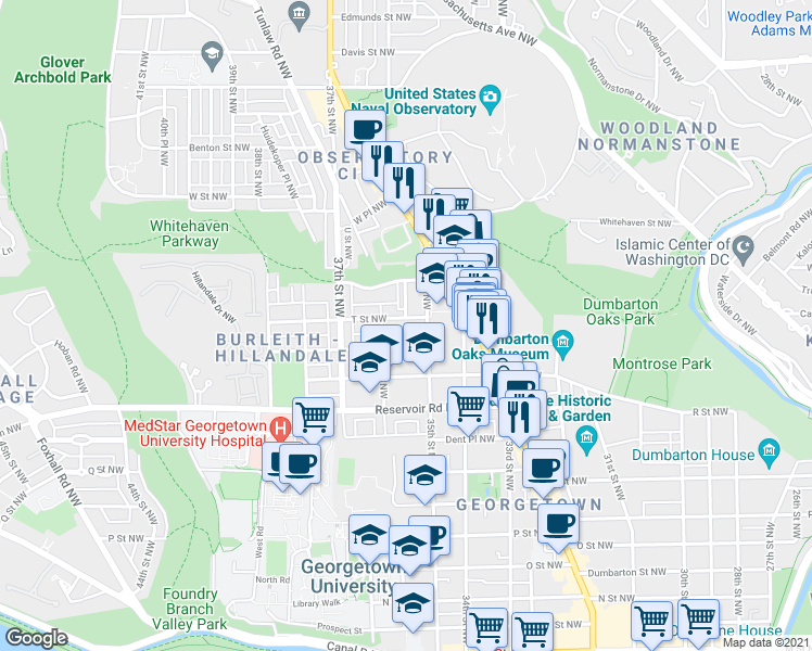 map of restaurants, bars, coffee shops, grocery stores, and more near 3516 S Street Northwest in Washington