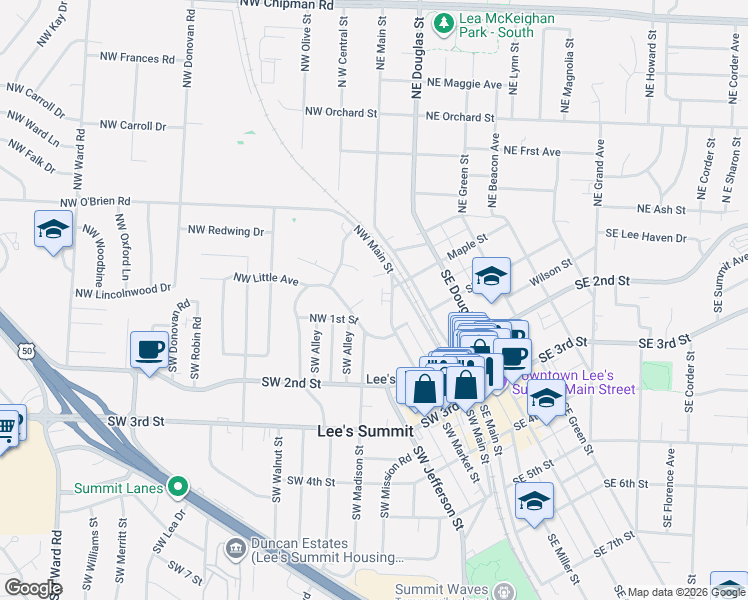 map of restaurants, bars, coffee shops, grocery stores, and more near 4B Northwest Market Street in Lee's Summit