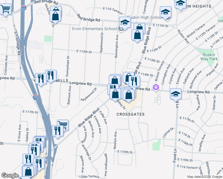 map of restaurants, bars, coffee shops, grocery stores, and more near 11516 Blue Ridge Boulevard in Kansas City