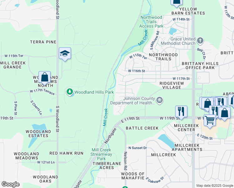 map of restaurants, bars, coffee shops, grocery stores, and more near 18981 West 118th Street in Olathe