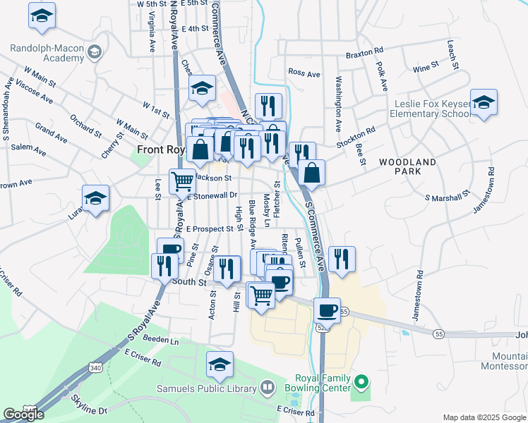 map of restaurants, bars, coffee shops, grocery stores, and more near 219 Mosby Lane in Front Royal