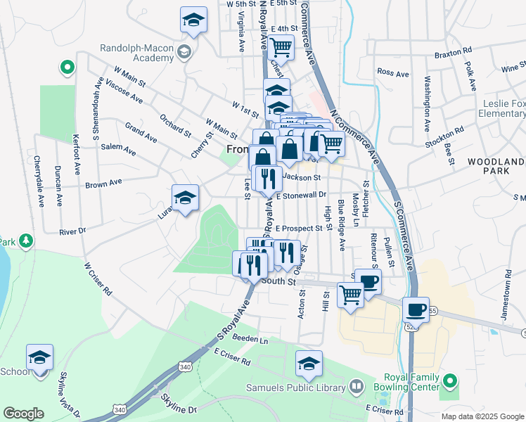 map of restaurants, bars, coffee shops, grocery stores, and more near 215 South Royal Avenue in Front Royal