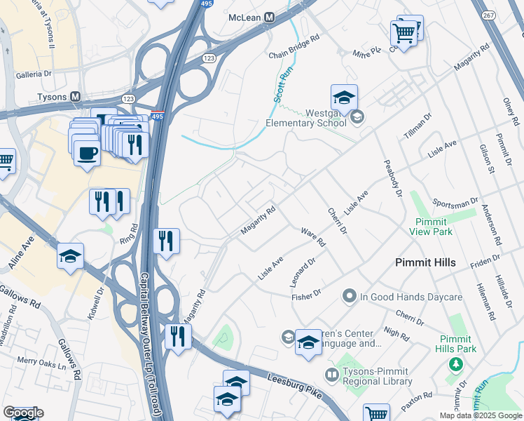 map of restaurants, bars, coffee shops, grocery stores, and more near 7719 Spoleto Lane in McLean