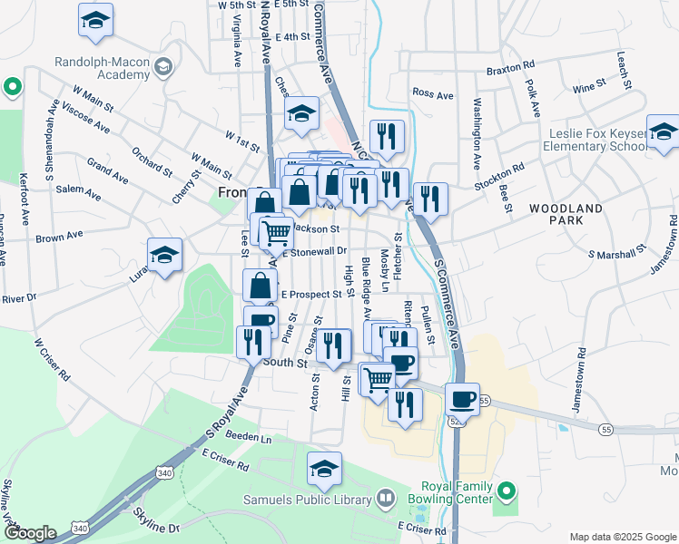 map of restaurants, bars, coffee shops, grocery stores, and more near 218 Cloud Street in Front Royal