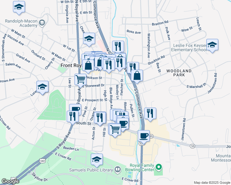 map of restaurants, bars, coffee shops, grocery stores, and more near 219 Mosby Lane in Front Royal