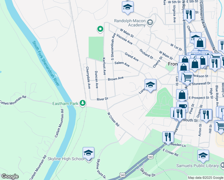 map of restaurants, bars, coffee shops, grocery stores, and more near 421 South Shenandoah Avenue in Front Royal