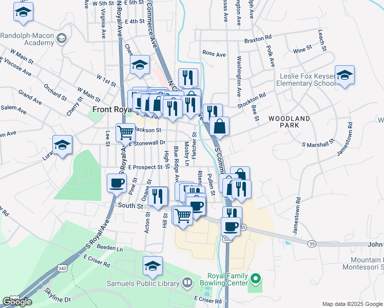 map of restaurants, bars, coffee shops, grocery stores, and more near 223 Fletcher Street in Front Royal