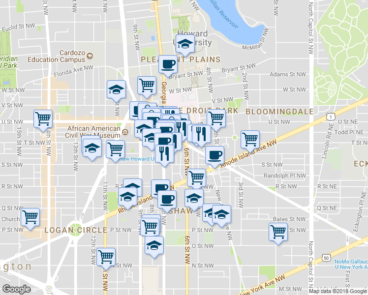 map of restaurants, bars, coffee shops, grocery stores, and more near 1836 6th Street Northwest in Washington