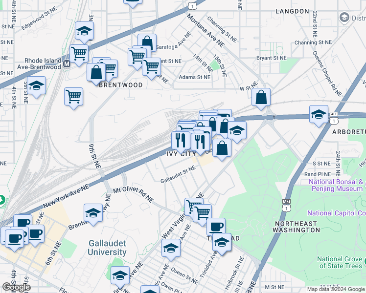 map of restaurants, bars, coffee shops, grocery stores, and more near 1355 New York Avenue Northeast in Washington