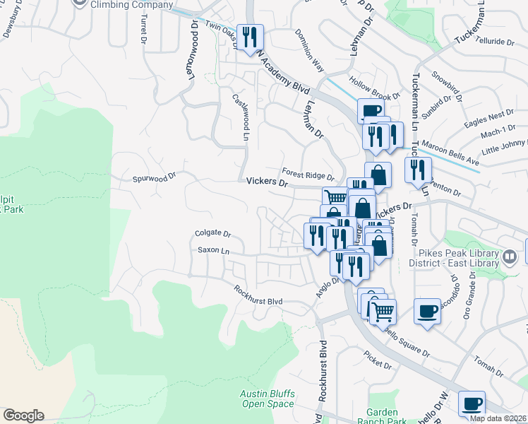 map of restaurants, bars, coffee shops, grocery stores, and more near 5702 Appalachian View in Colorado Springs