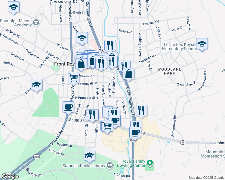 map of restaurants, bars, coffee shops, grocery stores, and more near 223 Fletcher Street in Front Royal