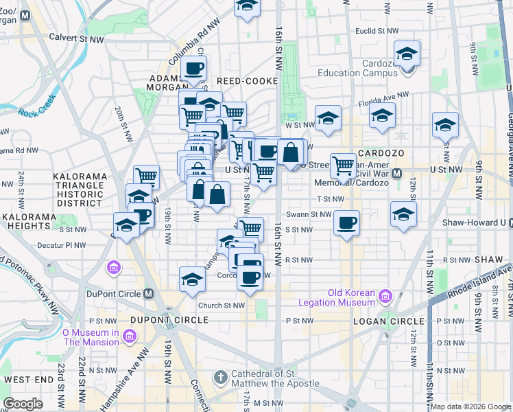 map of restaurants, bars, coffee shops, grocery stores, and more near 1833 New Hampshire Avenue Northwest in Washington