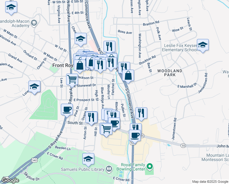 map of restaurants, bars, coffee shops, grocery stores, and more near 218 Fletcher Street in Front Royal