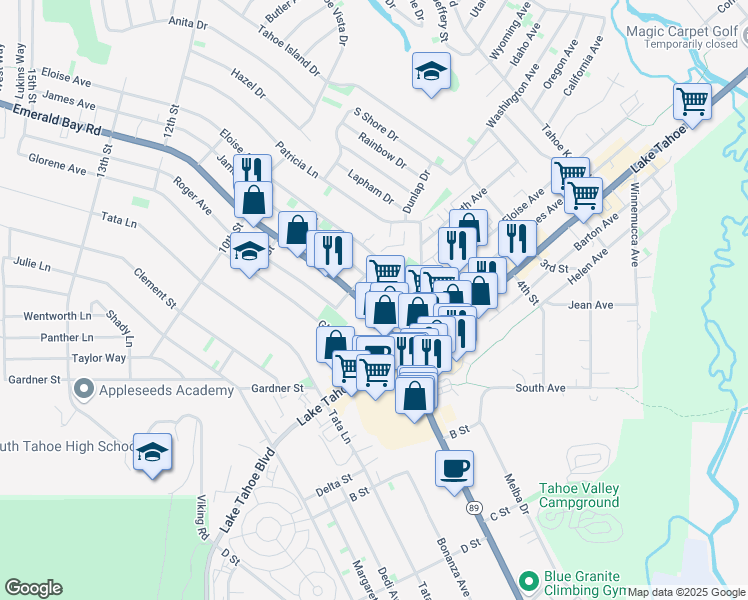 map of restaurants, bars, coffee shops, grocery stores, and more near 2016 5th Street in South Lake Tahoe