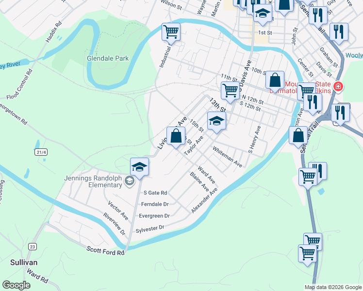 map of restaurants, bars, coffee shops, grocery stores, and more near 1525 Lavalette Avenue in Elkins