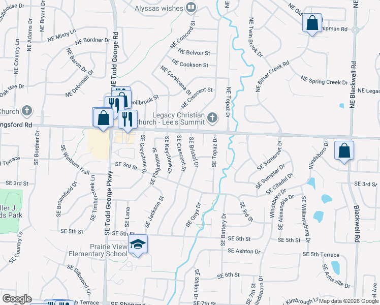 map of restaurants, bars, coffee shops, grocery stores, and more near 124 Southeast Bristol Drive in Lee's Summit