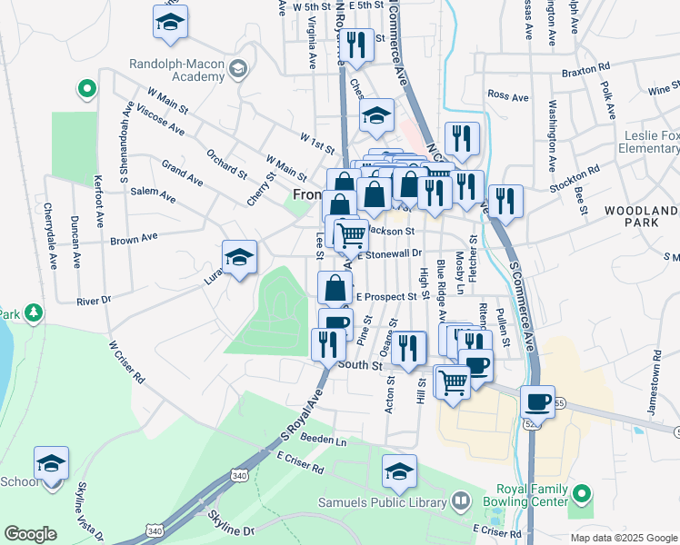 map of restaurants, bars, coffee shops, grocery stores, and more near 215 South Royal Avenue in Front Royal