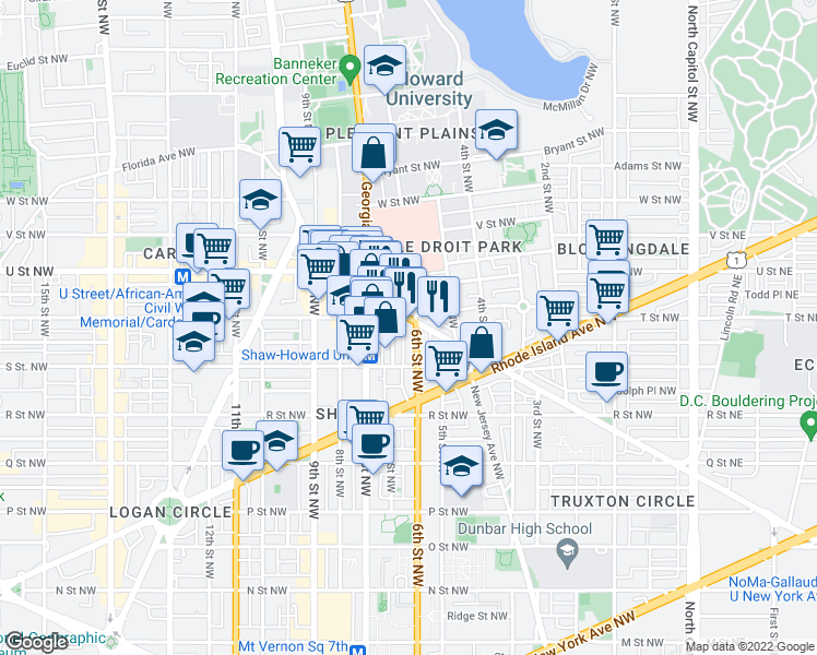 map of restaurants, bars, coffee shops, grocery stores, and more near 1838 6th Street Northwest in Washington