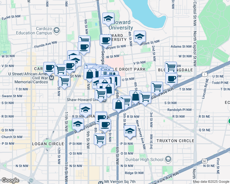 map of restaurants, bars, coffee shops, grocery stores, and more near 1838 6th Street Northwest in Washington