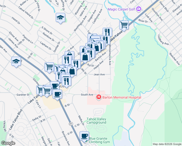 map of restaurants, bars, coffee shops, grocery stores, and more near 2152 Barton Avenue in South Lake Tahoe