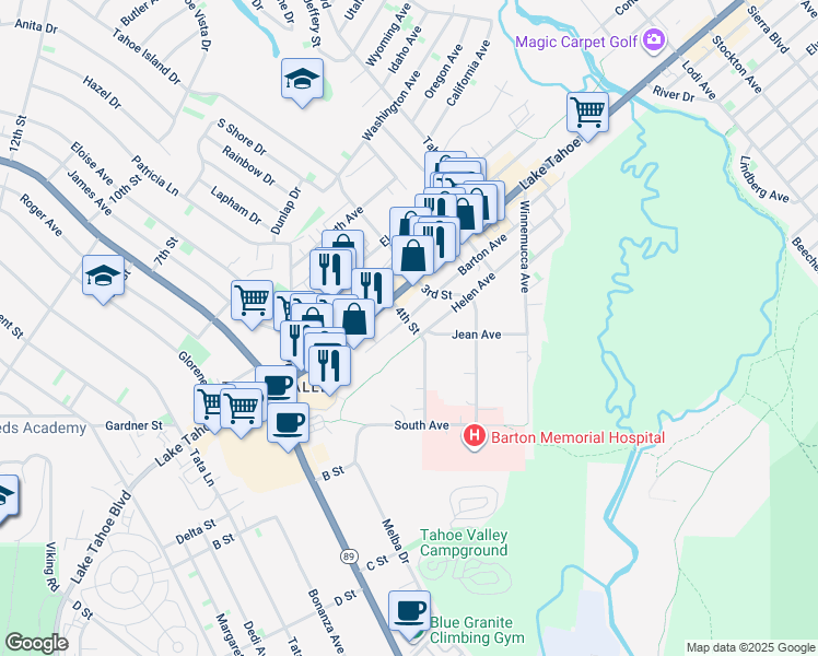 map of restaurants, bars, coffee shops, grocery stores, and more near 2130 Lake Tahoe Boulevard in South Lake Tahoe