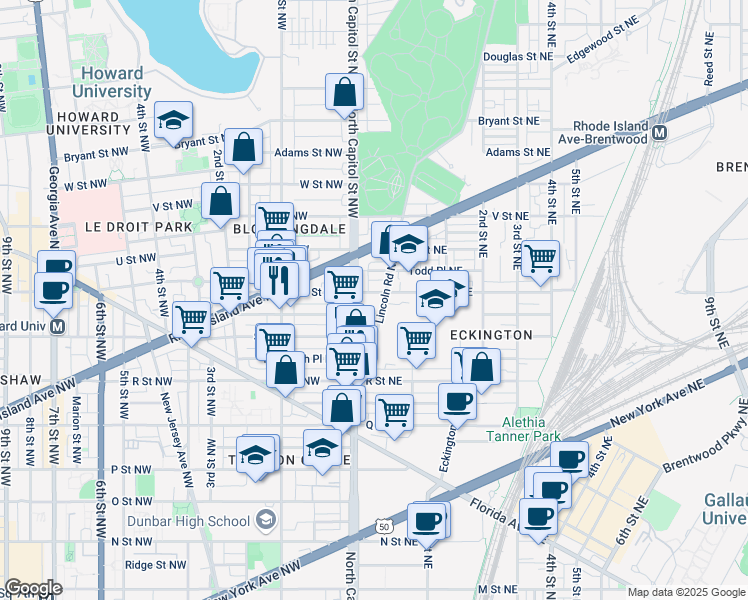 map of restaurants, bars, coffee shops, grocery stores, and more near 101 Independence Avenue Southeast in Washington