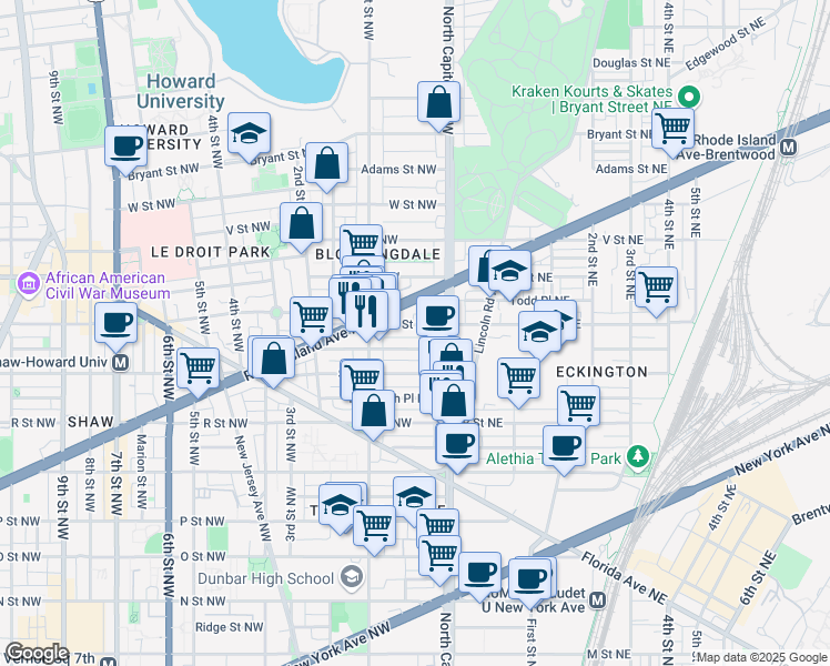 map of restaurants, bars, coffee shops, grocery stores, and more near 101 Independence Avenue Southeast in Washington