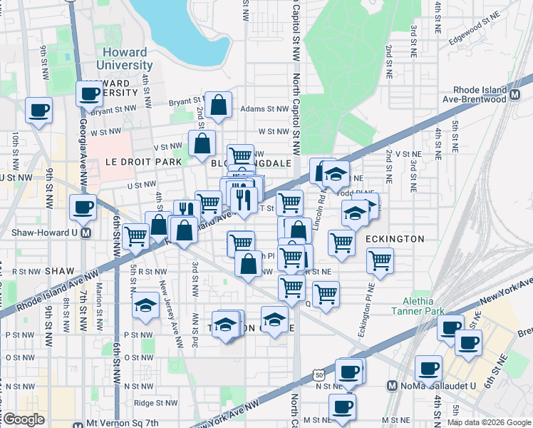 map of restaurants, bars, coffee shops, grocery stores, and more near 101 Independence Avenue Southeast in Washington