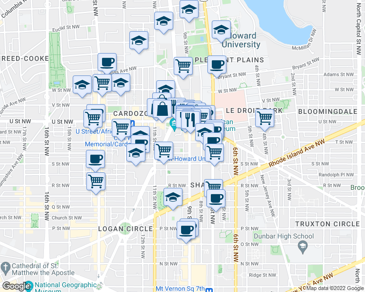 map of restaurants, bars, coffee shops, grocery stores, and more near 101 Independence Avenue Southeast in Washington
