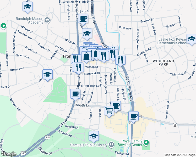 map of restaurants, bars, coffee shops, grocery stores, and more near 218 Cloud Street in Front Royal