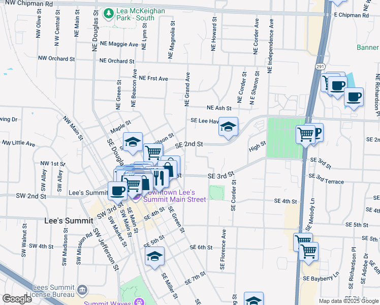 map of restaurants, bars, coffee shops, grocery stores, and more near 116 Southeast Grand Avenue in Lee's Summit