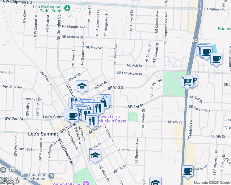 map of restaurants, bars, coffee shops, grocery stores, and more near 116 Southeast Grand Avenue in Lee's Summit