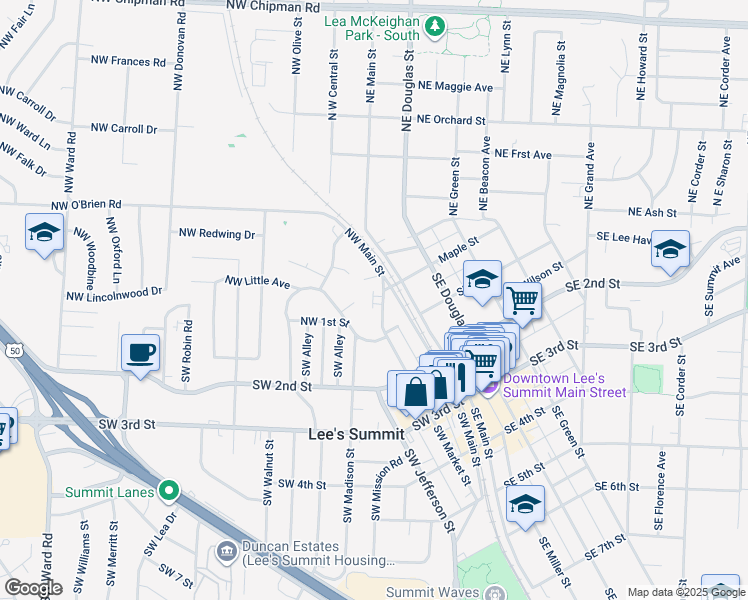 map of restaurants, bars, coffee shops, grocery stores, and more near 84 Northwest Main Street in Lee's Summit
